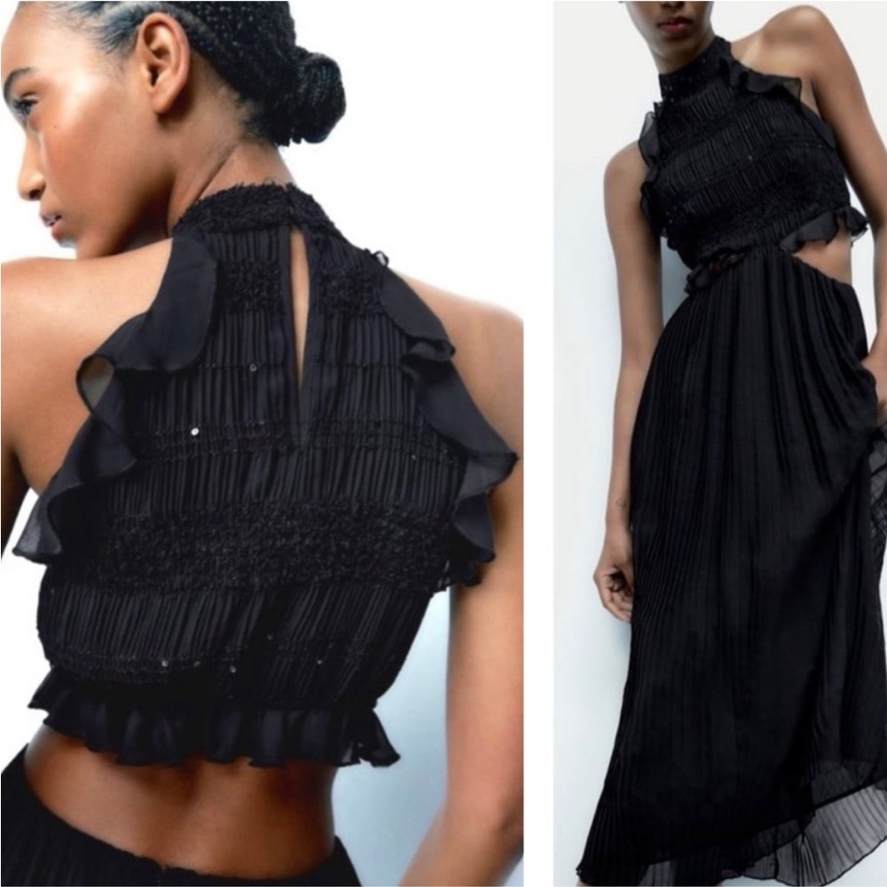 NEW Zara Black Ruffled Pleated Midi Cutout Dress Sequins